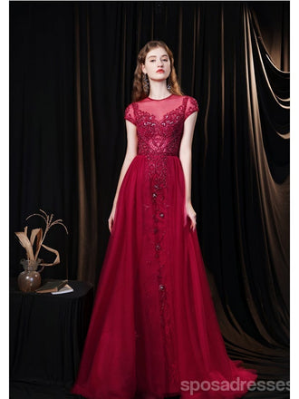 See Through Burgundy A-line Short Sleeves Long Prom Dresses Online,12766