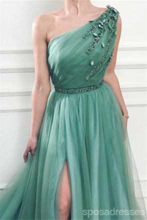 Green A-line One Shoulder High Slit Cheap Long Prom Dresses Online,12860