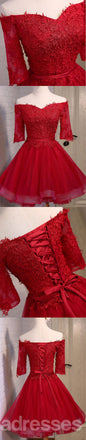 Off Shoulder Short Sleeve Red Lace Cute Homecoming Prom Dresses, Affordable Short Party Prom Dresses, Perfect Homecoming Dresses, CM307