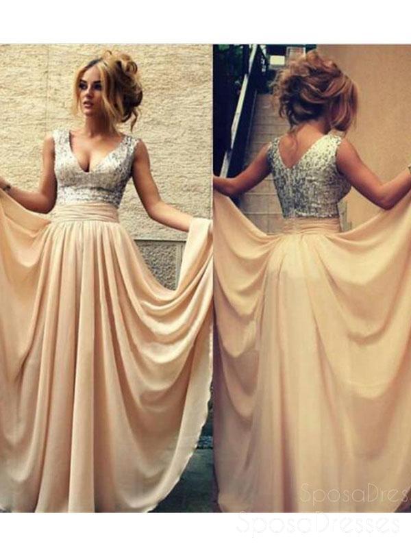 2017 largo plata lentejuelas Scoop escote gasa Prom vestidos de dama de honor, PD0080