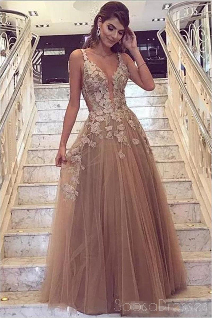 Cuello En V Correas Espaguetis Tulle A-line Vestidos De Baile Baratos En Línea, PD0130