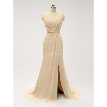 V Neck Side Slit Ruffle Chiffon Cheap Bridesmaid Dresses Online, WG586