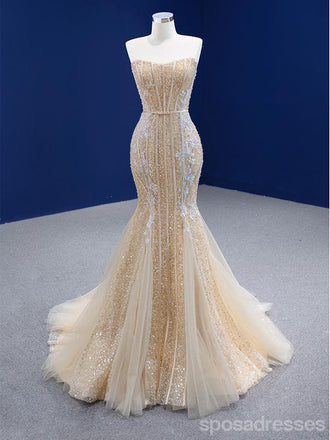 Sparkly Mermaid Sweetheart Champagne Gold Long Party Prom Dresses Online,12562