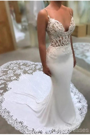 Spaghetti Straps See Through Mermaid Wedding Dresses Online, Cheap Unique Bridal Dresses, WD599