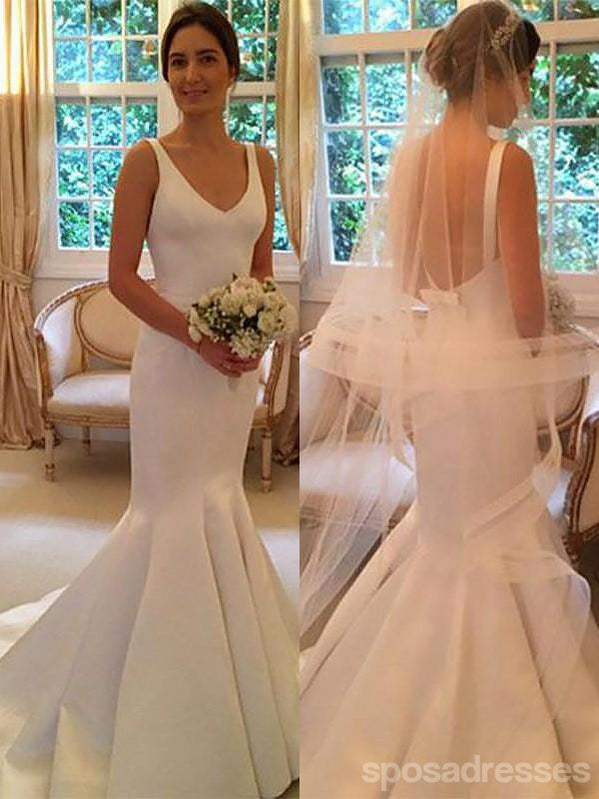 Simple Backless V Neck Cheap Mermaid Wedding Dresses Online, WD421