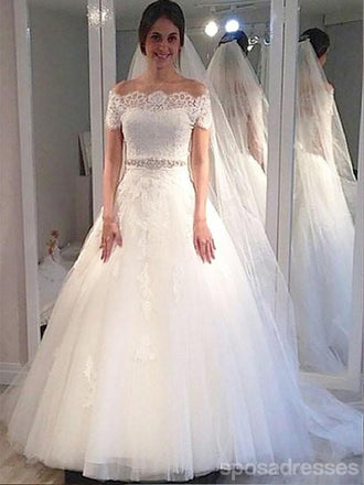 Off Shoulder Short Sleeves Lace Beaded A line Cheap Wedding Dresses Online, WD424