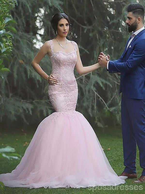 Pale Pink Cap Sleeve Lace Beaded Mermaid Wedding Dresses Online, WD427