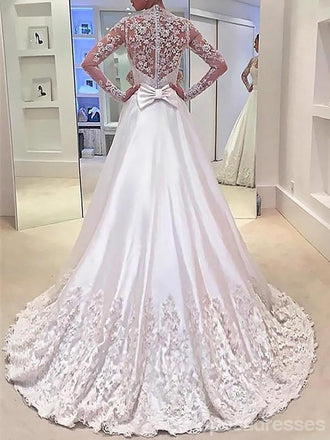 See Through Lace Long Sleeves A-line Wedding Dresses Online, Cheap Lace Bridal Dresses, WD451