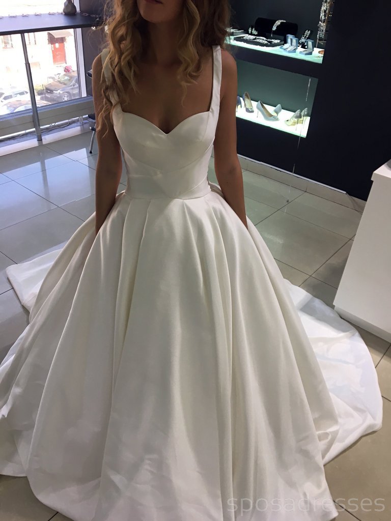Correas elegantes de satén simple Vestidos de novia baratos en línea, Vestidos de novia de encaje baratos, WD463