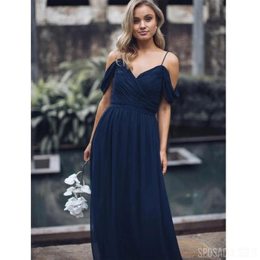 Marinha Chiffon Azul Fora de Ombro Longa Vestidos de Dama de honra Online, Baratos Vestidos das Damas de honra, WG747
