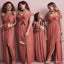 Coral A-line Chiffon Off the Shoulder Side Slit Long Bridesmaid Dresses Online, WG1020