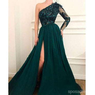 Emerald Green A-line Long Sleeves One Shoulder High Slit Prom Dresses Online,12729
