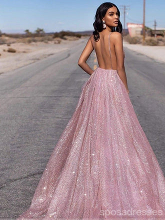 Sparkly A-line Deep V-neck Backless Long Prom Dresses Online,Dance Dresses,12789