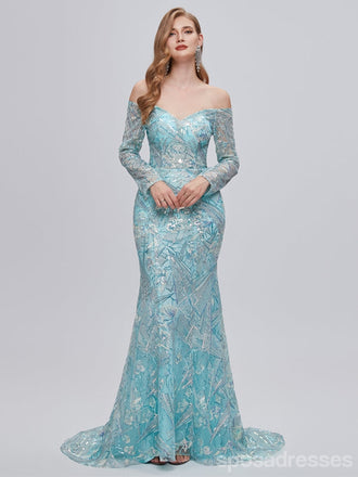 Sexy Blue Mermaid Long Sleeves Off Shoulder Cheap Prom Dresses,12988