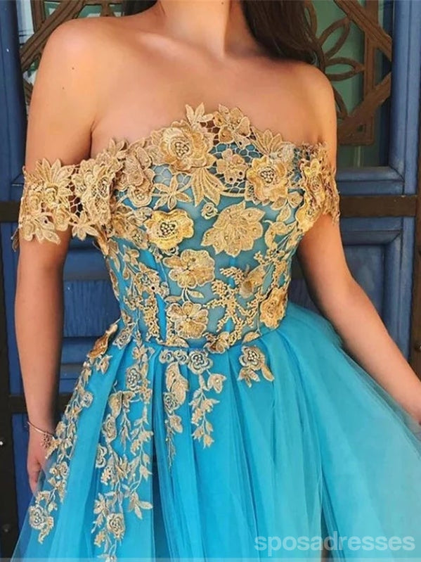 Floral Blue A-line Off Shoulder High Slit Cheap Long Prom Dresses Online,12803