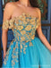 Floral Blue A-line Off Shoulder High Slit Cheap Long Prom Dresses Online,12803