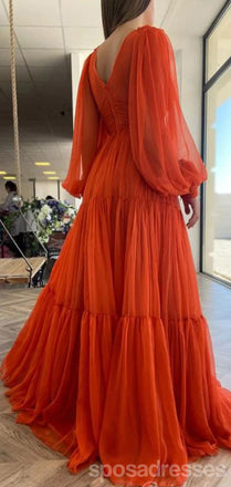Simple Orange A-line V-neck Long Sleeves Maxi Long Prom Dresses,13241