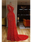 Shiny Mermaid One Shoulder Red Long Prom Dresses,Evening Party Dresses,12852