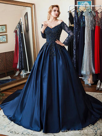 A-line Long Sleeves Blue Long Party Prom Dresses Online,Dance Dresses,12558