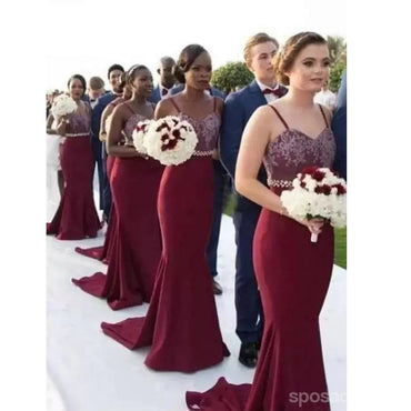 Sexy Burgundy Mermaid Spaghetti Straps Long Bridesmaid Dresses,WG1258