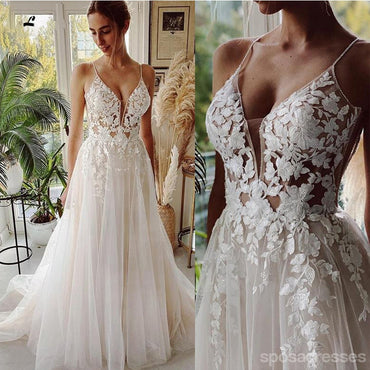 Ivory A-line Spaghetti Straps V-neck Handmade Lace Wedding Dresses,WD787