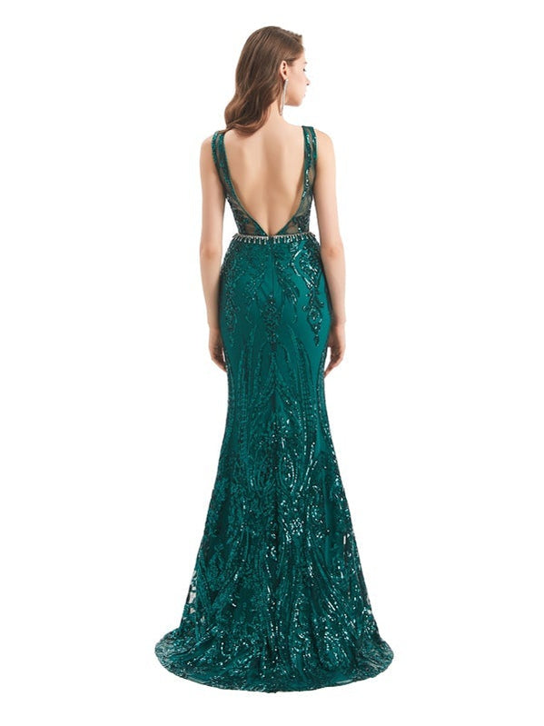 Sexy Mermaid Sleeveless Green Jewel Backless Long Prom Dresses Online,12777