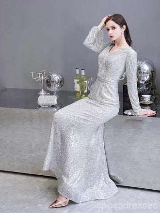 Sexy Silver Mermaid Long Sleeves V-neck Cheap Prom Dresses Online,12952