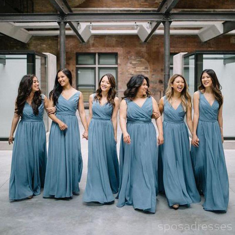 Chiffon V cuello azul polvoriento largo vestidos de dama de honor baratos en línea, WG251