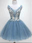 V cuello dusty azul aplique barato vestidos cortos de bienvenida en línea, baratos vestidos cortos de fiesta, CM825