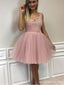 Dusty Pink V Neck Lace Vestidos cortos de regreso a casa baratos en línea, CM594