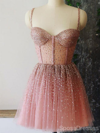 Straps Rhinestone See Through Dusty Pink Homecoming Dresses Online, Cheap Short Prom Dresses, CM819