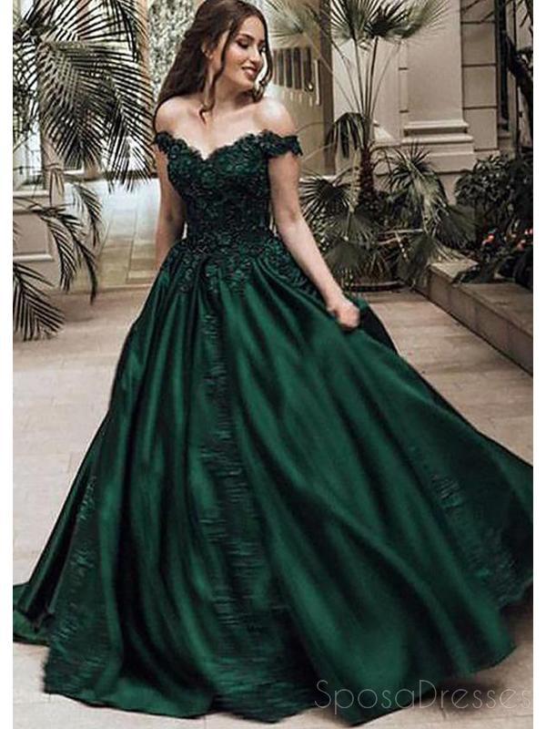 Fuera del hombro Vestidos de fiesta de noche largos de una línea verde oscuro, vestidos baratos de Sweet 16, 18366