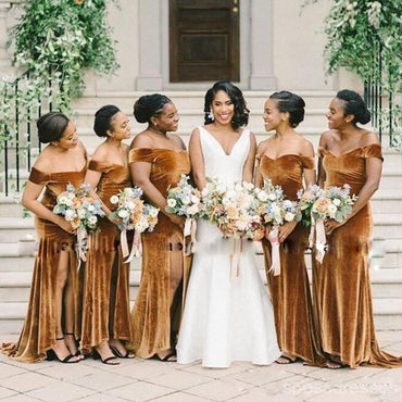 Gold Mermaid Off Shoulder High Slit Cheap Long Bridesmaid Dresses Online, WG1153