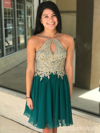 Green Gold Lace Halter Cheap Homecoming Dresses Online, Cheap Short Prom Dresses, CM736