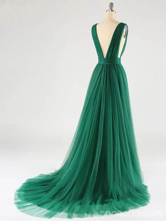 Green A-line Deep V-neck Open Back Cheap Long Prom Dresses Online,12713
