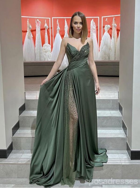 Sexy Green A-line V-neck High Slit Maxi Long Prom Dresses,Evening Dresses,13222