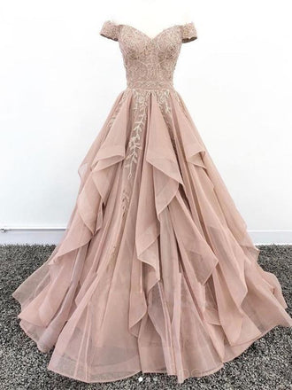 Off Shoulder Dusty Champagne Lace Cheap Long Evening Prom Dresses, Evening Party Prom Dresses, 18627