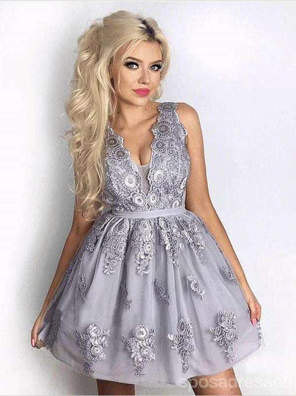 V Neck Grey Lace Cheap Short Homecoming Dresses Online, CM609