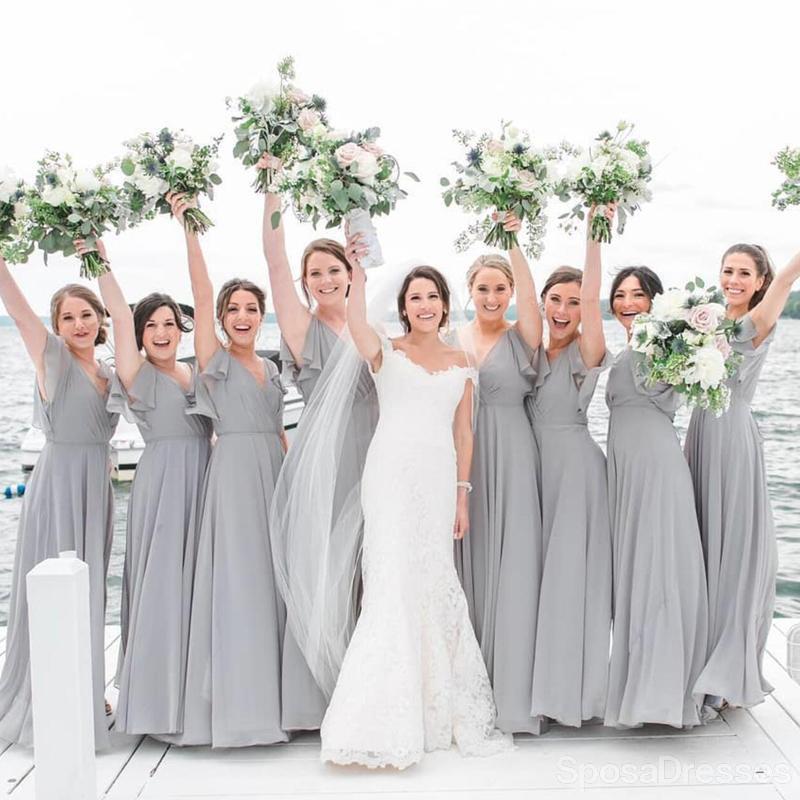 En mousseline de soie Gris Manches Longue pas Cher Robes de Demoiselle d'honneur en Ligne, WG668