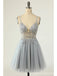 Grey Spaghetti Straps See Through Short Homecoming Dresses,Cheap Short Prom Dresses,CM879