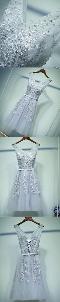 Lindo Encaje Gris Escote en v Corto Regreso a casa vestidos de fiesta, Vestidos Asequibles Corsé de nuevo de Fiesta Corto vestidos de fiesta, Vestidos Perfectos Vestidos de Regreso a casa, CM247