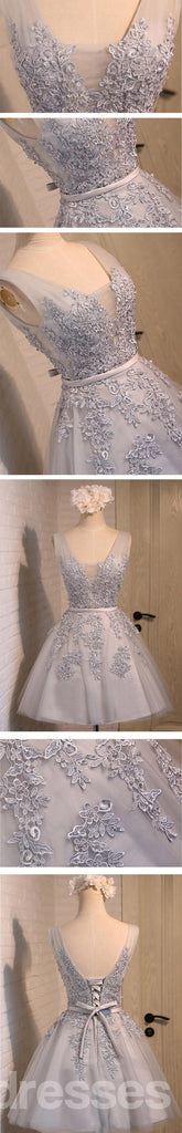 V escote dos correas cordón gris vestidos de la fiesta de promoción de regreso adornados con cuentas, vestidos de la fiesta de promoción del partido cortos económicos, vestidos de regreso perfectos, CM288