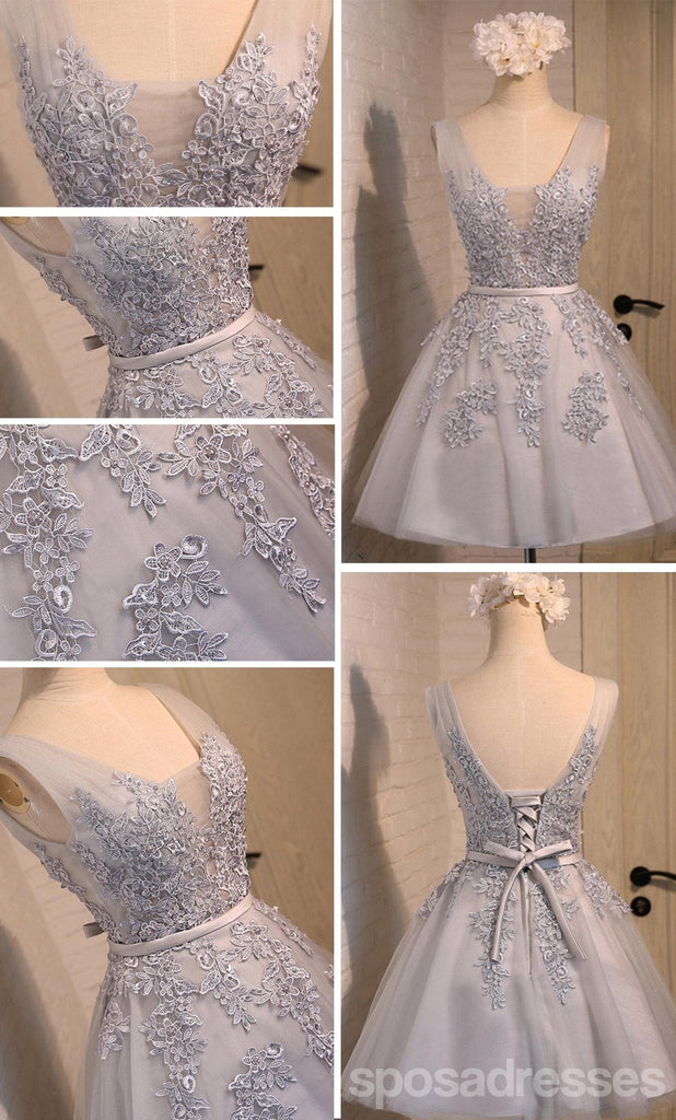 V escote dos correas cordón gris vestidos de la fiesta de promoción de regreso adornados con cuentas, vestidos de la fiesta de promoción del partido cortos económicos, vestidos de regreso perfectos, CM288