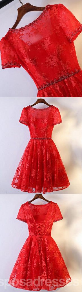 2017 Vestidos de baile de bienvenida de línea roja de encaje corto de manga corta, Vestidos de baile de corsé asequibles de espalda corta, Vestidos de bienvenida perfectas, CM249