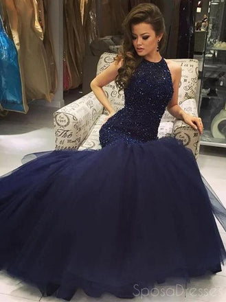 Halter Navy Blue Beaded Mermaid Long Prom Dresses, Sweet 16 Prom Dresses, 12361