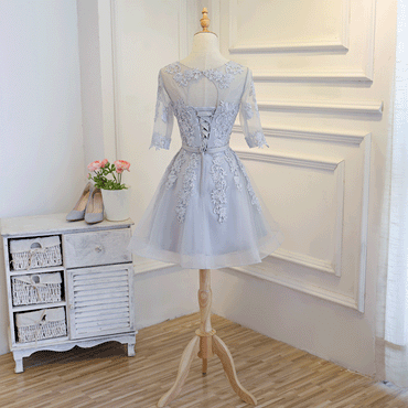 Long Sleeve Grey Lace Cheap Short Homecoming Dresses Online, CM670