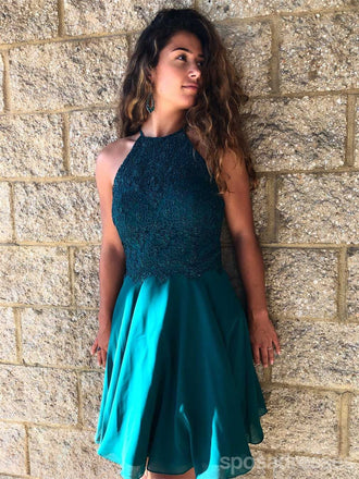 Sexy Backless Halter Lace Beaded Teal Chiffon Cheap Homecoming Dresses Online, CM722