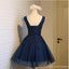 Vestidos de fiesta cortos con cuello en V y encaje azul marino con cuentas en línea, CM678