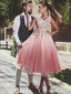 Vestidos de fiesta baratos con cuello en V con cuentas de rubor rosa rubor corto en línea, CM731