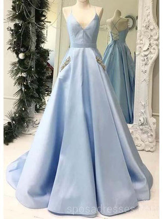 Simple Light Blue Long Evening Prom Dresses With Pockets, Cheap Custom Party Prom Dresses, 18596